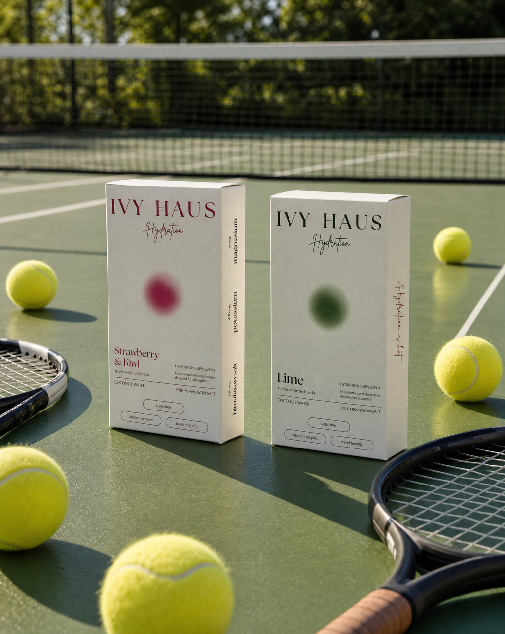 Ivy Haus product boxes on a tennis court with tennis balls and rackets.