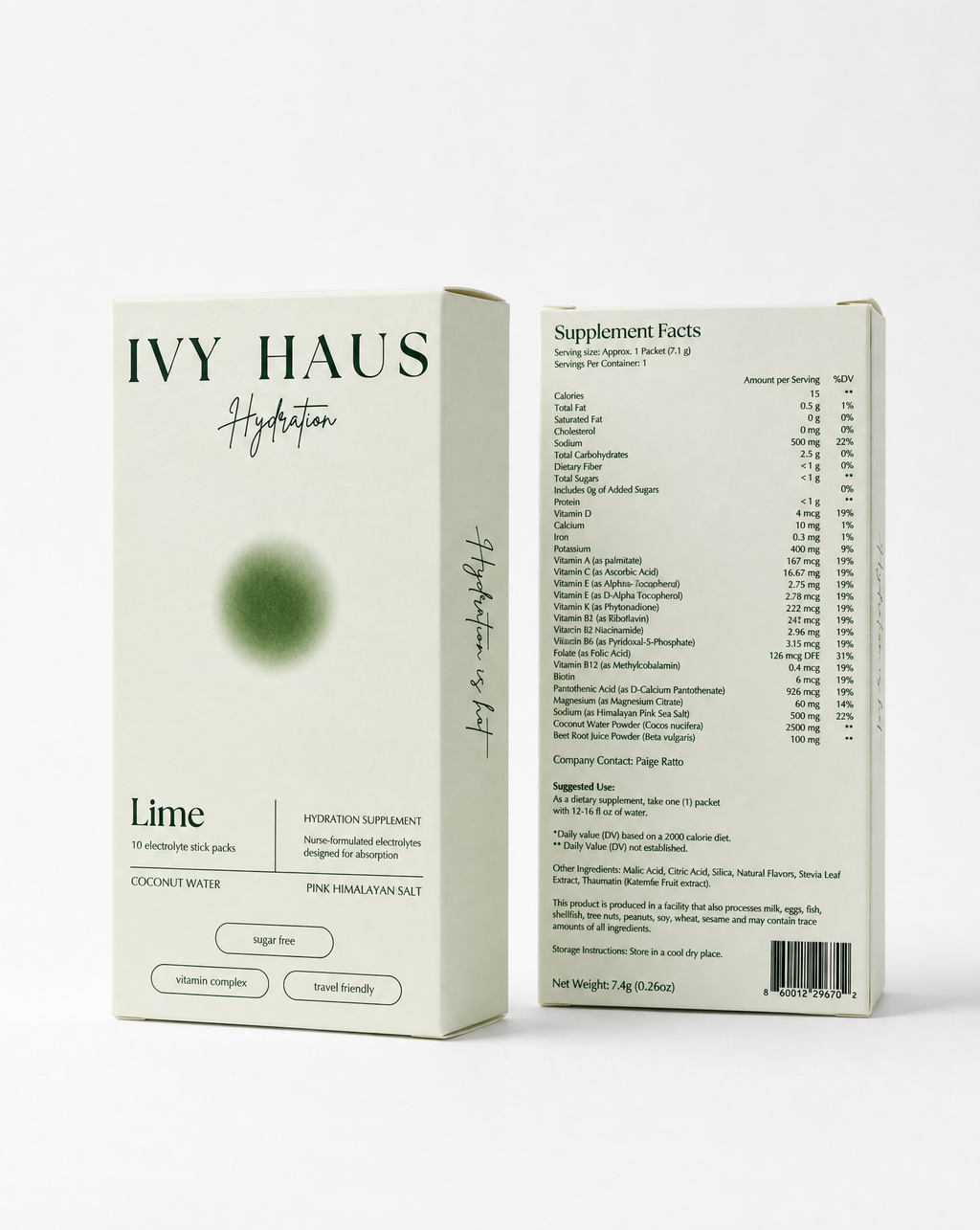 Ivy Haus Lime supplement packaging with front and back views on a white background