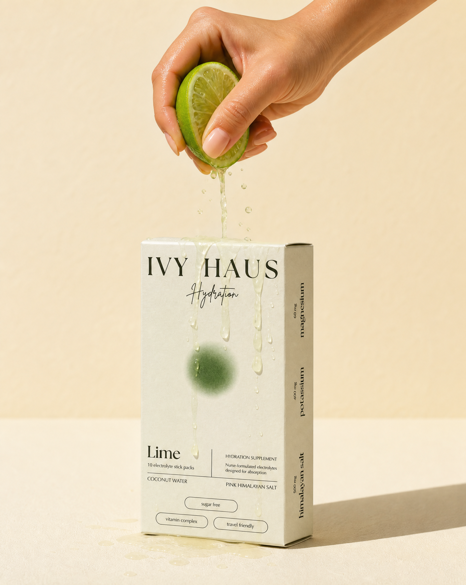 Hand squeezing fresh lime juice over Ivy Haus Lime hydration mix box