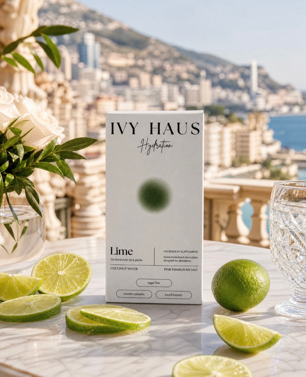 Ivy Haus Lime hydration box on a table with limes and a coastal background