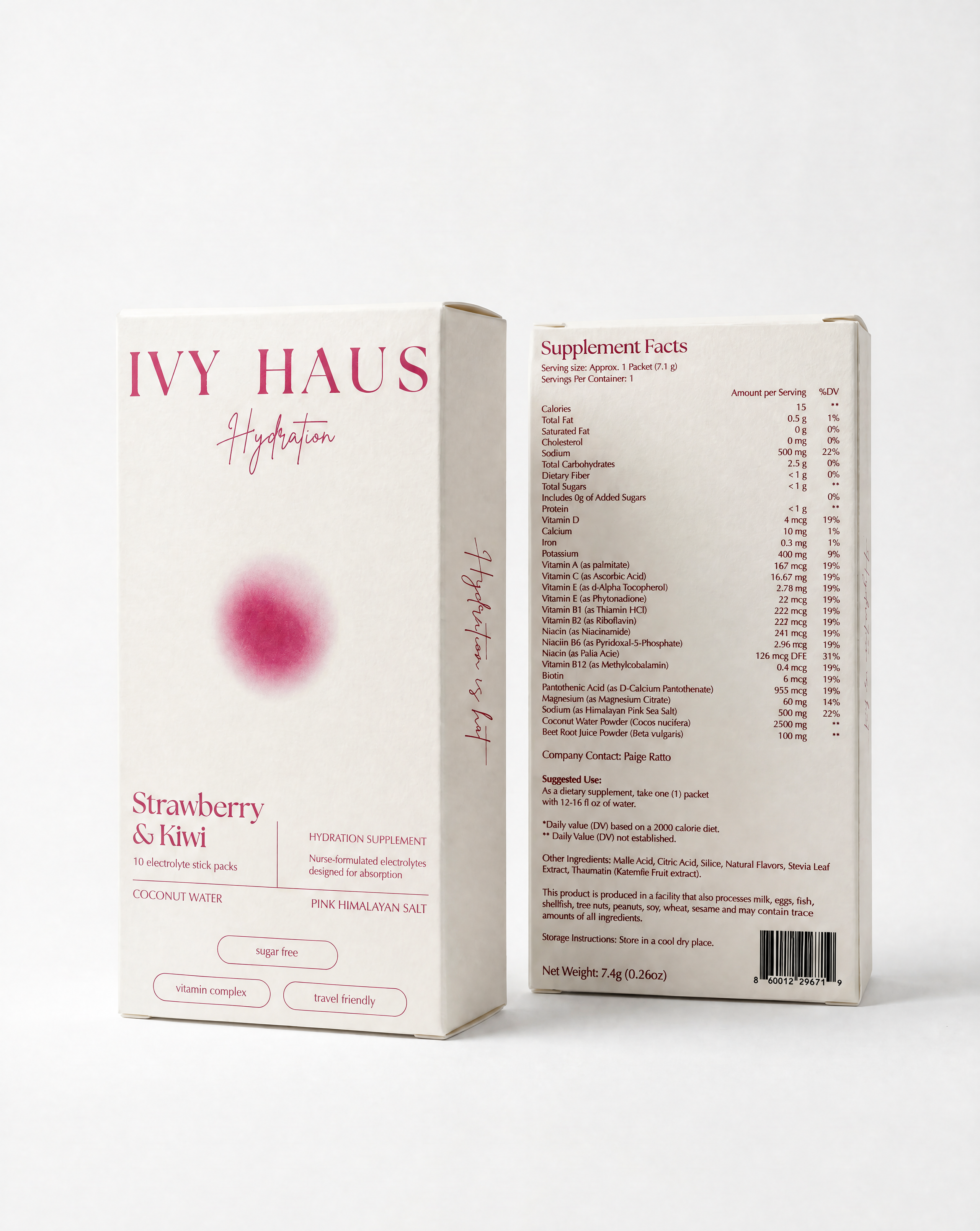 Two views of the Ivy Haus Hydration Strawberry & Kiwi pre-translational salt supplement box, showing the front packaging and the back supplement facts panel on a clean white background.